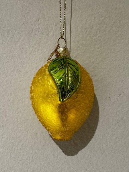 Ornament glass yellow lemon w/leaf H8cm