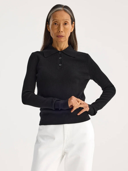 Rib Knitted Long Sleeve Polo - Black