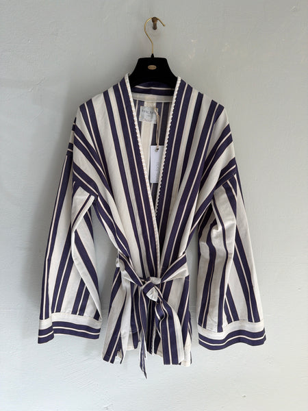 Striped cotton and linen kimono with embroidery - blu