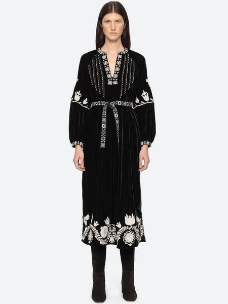 Irene embroidery velvet dress - black