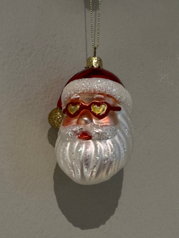 Ornament glass red santa w/heart glasses H10cm