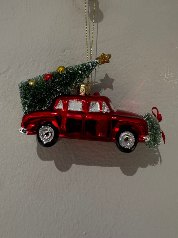 Ornament glass red car w/christmas tree H5.5cm