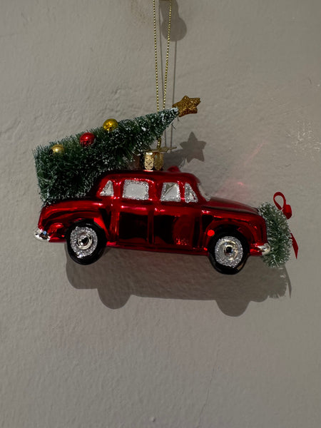 Ornament glass red car w/christmas tree H5.5cm