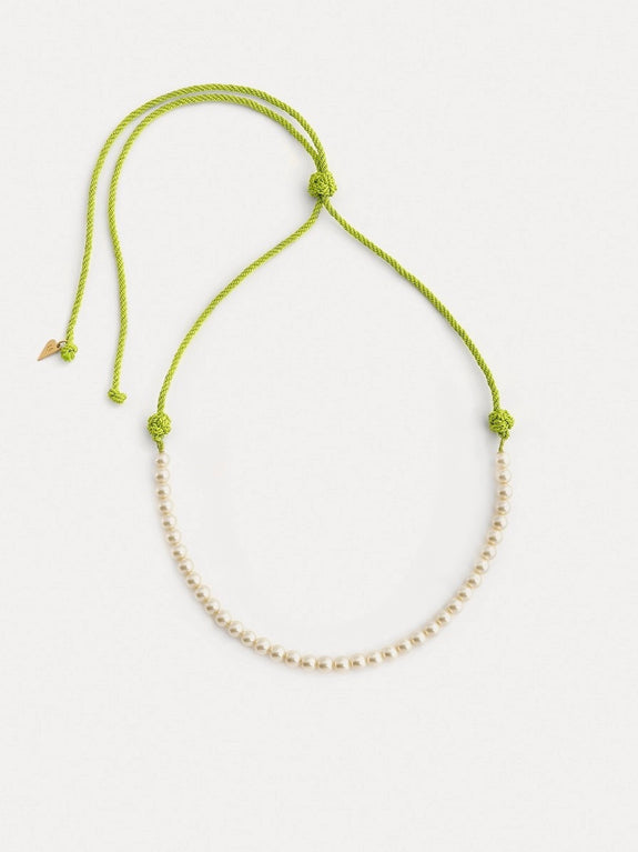Braided cord necklace with glass pearls - aloe