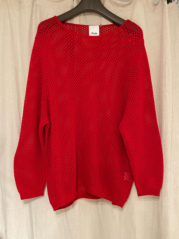 Cashmere boat neck mesh blouse - red