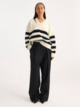 Deconstructed Cashmere Knitted Breton V-Neck - Off White / Black Wide Stripe