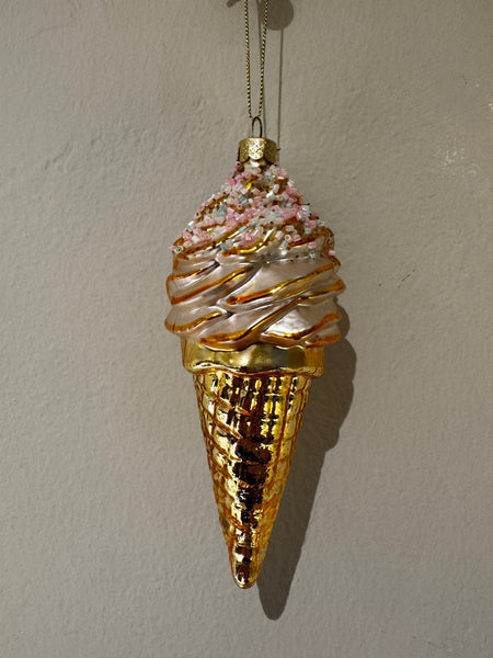 Ornament glass gold ice cream with hologram glitters H15cm
