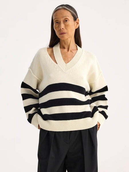 Deconstructed Cashmere Knitted Breton V-Neck - Off White / Black Wide Stripe