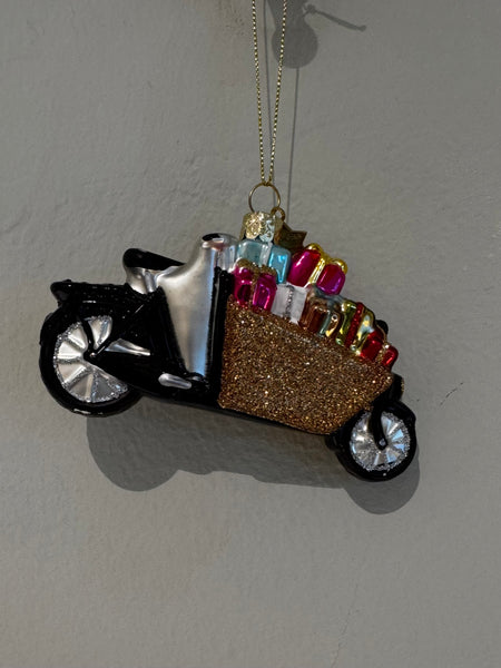 Ornament glass motorbike w/christmas presents