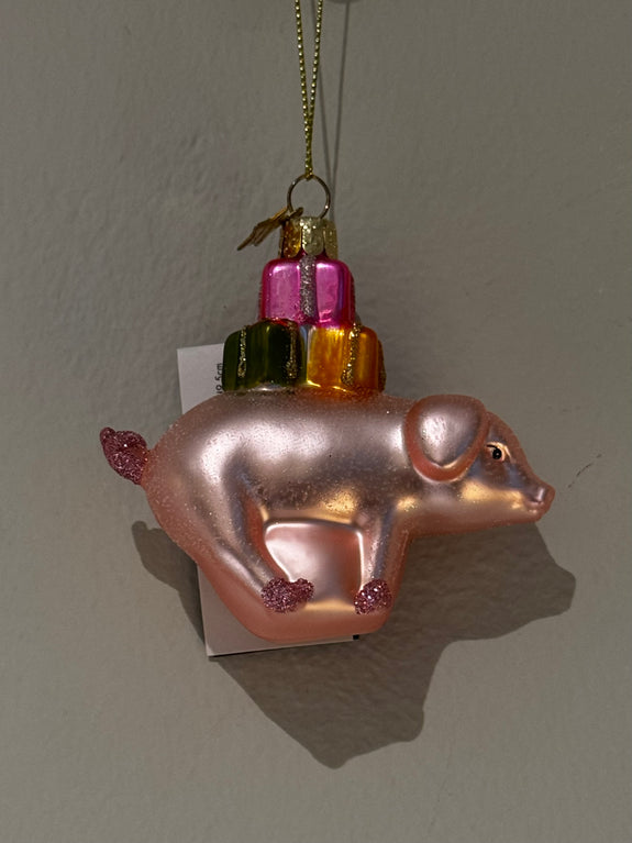 Ornament glass pink matt pig w/presents H9.5cm