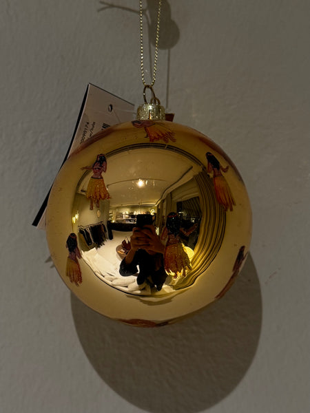 Bauble glass shiny gold w/hula ladies allover H8 cm